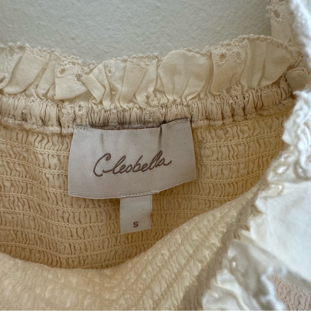 Cleobella Debbie Cream Smocked Off The shoulder Eyelet Mini Dress size Small - Picture 8 of 12